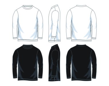 Erkekler uzun kollu yuvarlak boyun t-shirt şablonları, ön, yan ve arka sayısı. Siyah beyaz türevleri. Vektör çizim. 