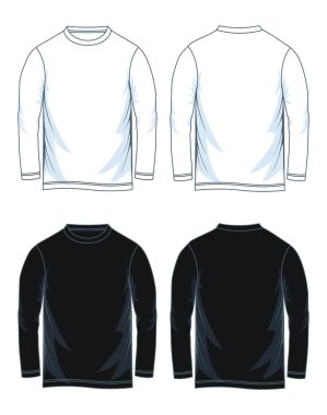 Erkekler uzun kollu yuvarlak boyun t-shirt şablonları, ön ve geri sayısı. Siyah beyaz türevleri. Vektör çizim. 