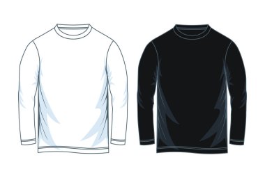 Erkekler uzun kollu yuvarlak boyun t-shirt şablonları, ön gösterim. Siyah beyaz türevleri. Vektör çizim. 