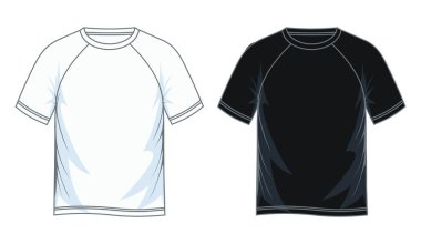 Erkekler kısa kollu raglan yuvarlak boyun t-shirt şablonları, ön gösterim. Siyah beyaz türevleri. Vektör çizim. 