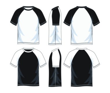 Erkekler kısa kollu raglan t-shirt şablonları, ön, yan ve arka sayısı. Vektör çizim. Siyah beyaz türevleri.