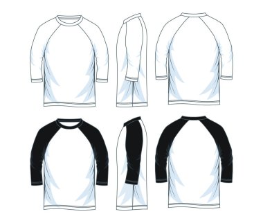 Erkekler üç çeyrek yuvarlak boyun t-shirt şablonları, ön, yan ve arka sayısı raglan kollu. Vektör çizim.
