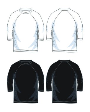 Erkekler üç çeyrek kollu raglan t-shirt şablonları, ön ve geri sayısı. Vektör çizim. Siyah beyaz türevleri.