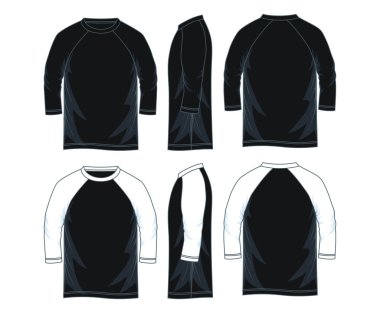 Erkekler üç çeyrek kollu raglan t-shirt şablonları, ön, yan ve arka sayısı. Vektör çizim.