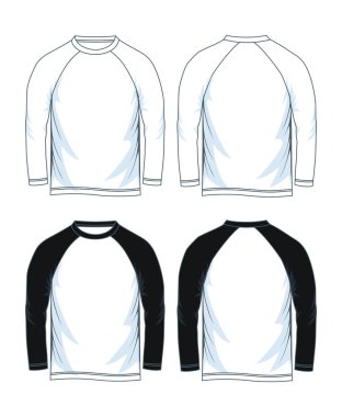 Erkekler uzun kollu raglan t-shirt şablonları, ön ve arka sayısı. Vektör çizim. 