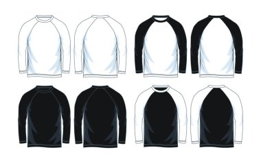 Erkekler uzun kollu raglan t-shirt şablonları, ön ve arka sayısı. Vektör çizim. Siyah beyaz türevleri.