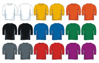 Erkekler üç çeyrek kollu t-shirt şablonları, ön ve geri sayısı. Vektör çizim. Renkli çeşitleri.