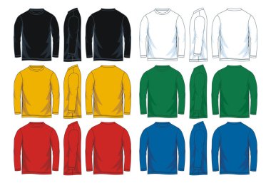 Erkekler uzun kollu yuvarlak boyun t-shirt şablonları, ön, yan ve arka sayısı. Vektör çizim. Renkli çeşitleri.