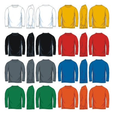 Erkekler uzun kollu t-shirt şablonları, ön, yan ve arka sayısı. Vektör çizim. Renkli çeşitleri.