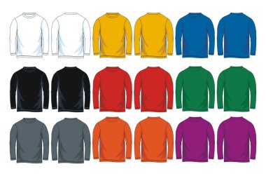 Erkekler uzun kollu yuvarlak boyun t-shirt şablonları, ön ve geri sayısı. Vektör çizim. Renkli çeşitleri.