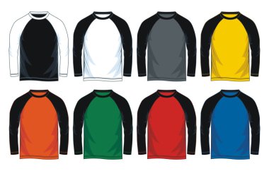 Erkekler uzun kollu raglan t-shirt şablonları, ön gösterim. Vektör çizim. Renkli çeşitleri.