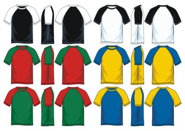 Erkekler kısa kollu raglan t-shirt şablonları, ön, yan ve arka sayısı. Vektör çizim. Renkli çeşitleri.