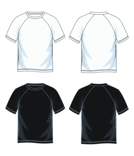 メンズ半袖ラグラン ラウンド ネック シャツのテンプレート 前面と背面図 黒の白変種 ベクトル図 — ストックベクタ