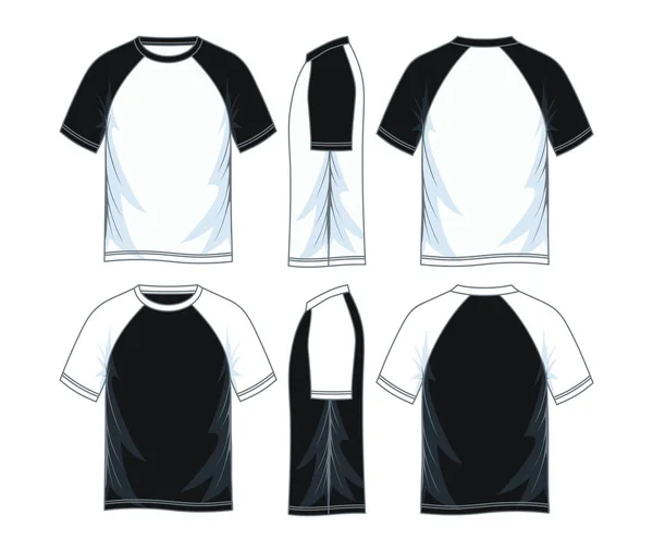 Erkekler kısa kollu raglan t-shirt şablonları, ön, yan ve arka sayısı. Vektör çizim. Siyah beyaz türevleri.