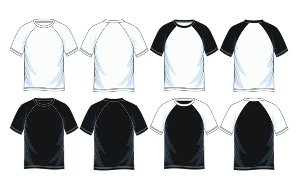 Men Short Sleeves Raglan Neck Shirt Templates Front Back Views — Stock Vector