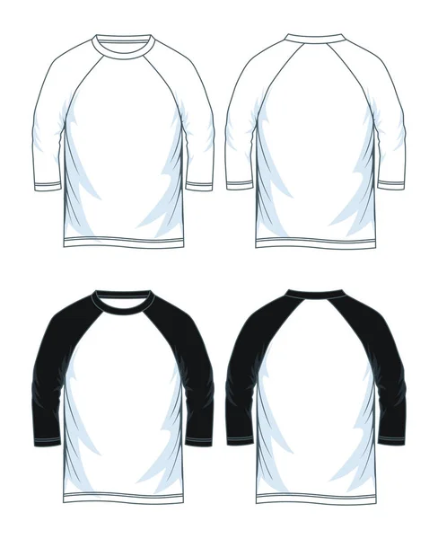 Erkekler üç çeyrek kollu raglan yuvarlak boyun t-shirt şablonları, ön ve geri sayısı. Vektör çizim. 