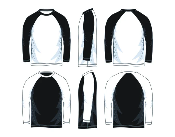 Erkekler uzun kollu raglan t-shirt şablonları, ön, yan ve arka sayısı. Vektör çizim. Siyah beyaz türevleri.