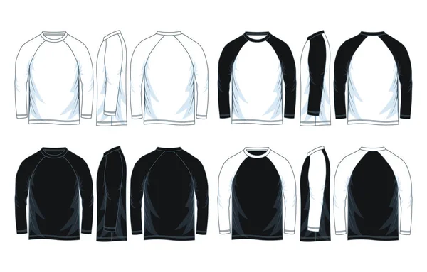 ラウンド ネック シャツ テンプレート フロント サイド バックの景色メンズ長袖ラグラン ベクトルの図 ブラック ホワイトのバリエーション — ストックベクタ