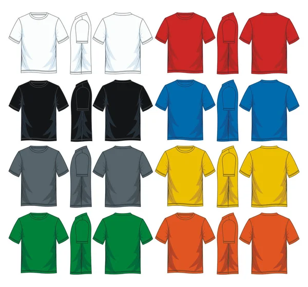 Plantillas Camisetas Para Hombre Vistas Frontal Lateral Posterior Variantes Coloridas — Vector de stock