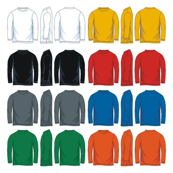 Erkekler uzun kollu t-shirt şablonları, ön, yan ve arka sayısı. Vektör çizim. Renkli çeşitleri.