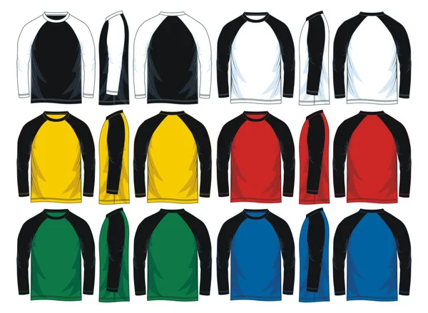 男士长袖拉格朗 T恤模板 侧面和背面的意见 向量例证 五颜六色的变种 — 图库矢量图片
