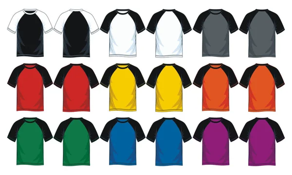 Erkek boyun raglan t-shirt şablonları, ön yuvarlak ve geri sayısı. Vektör çizim. Renkli çeşitleri.