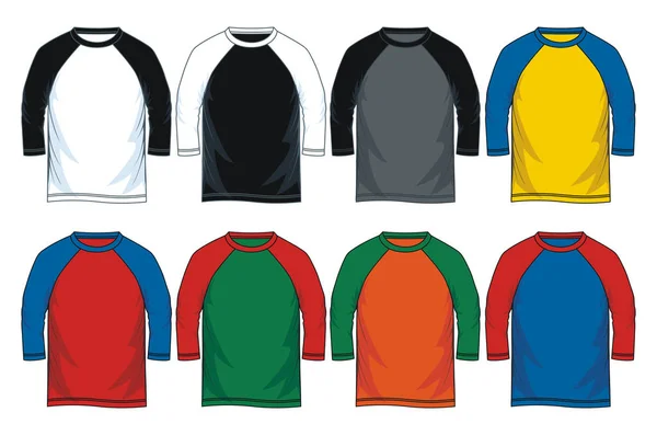 男人的四分之三手臂拉格朗 T恤模板 前面的看法 向量例证 五颜六色的变种 — 图库矢量图片