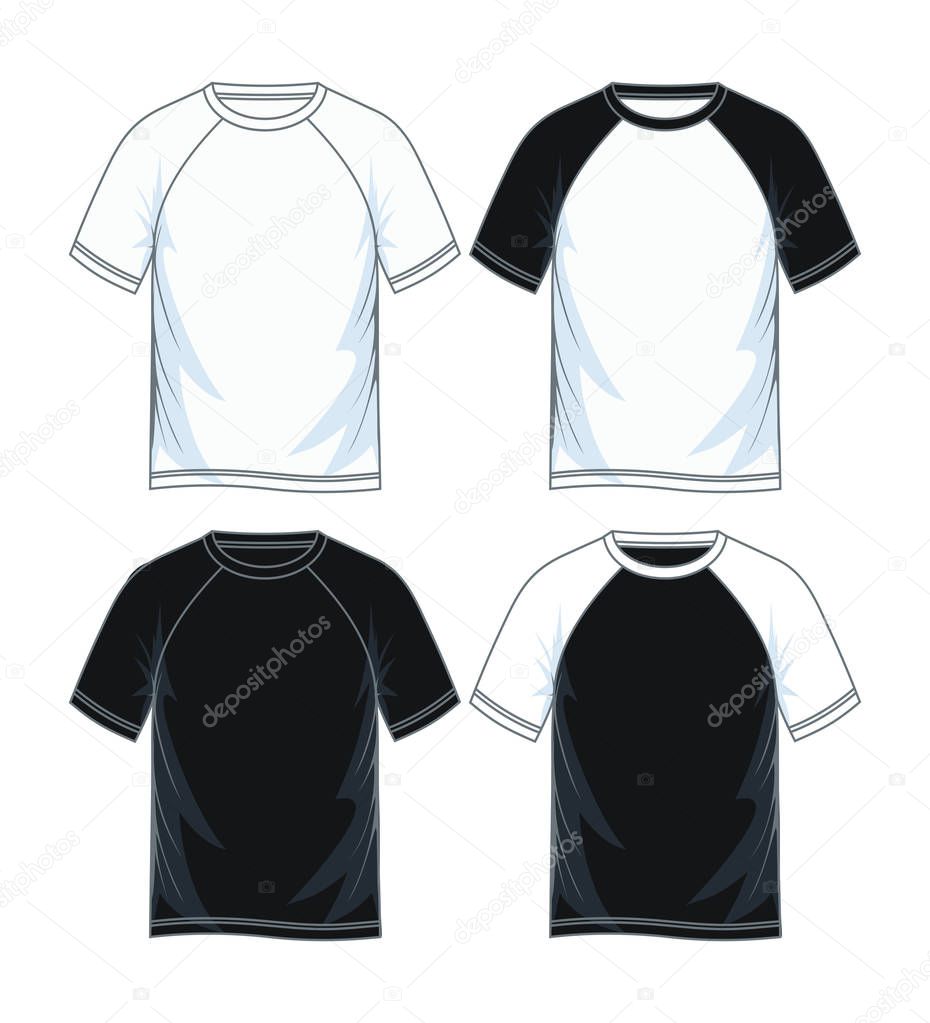 Men's short sleeves raglan t-shirt templates, Front views. Vector illustration. Black white variants.