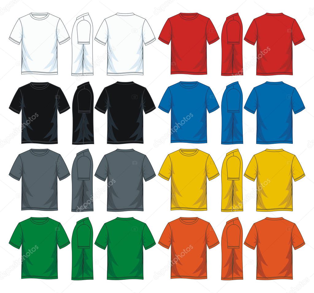 Men's t-shirt templates, Front, side and back views.  Colorful variants.