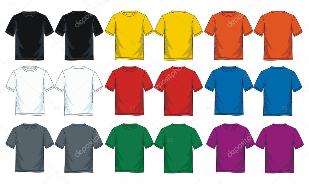 Men's short sleeve t-shirt templates, Front and back views. Vector illustration. Colorful variants.
