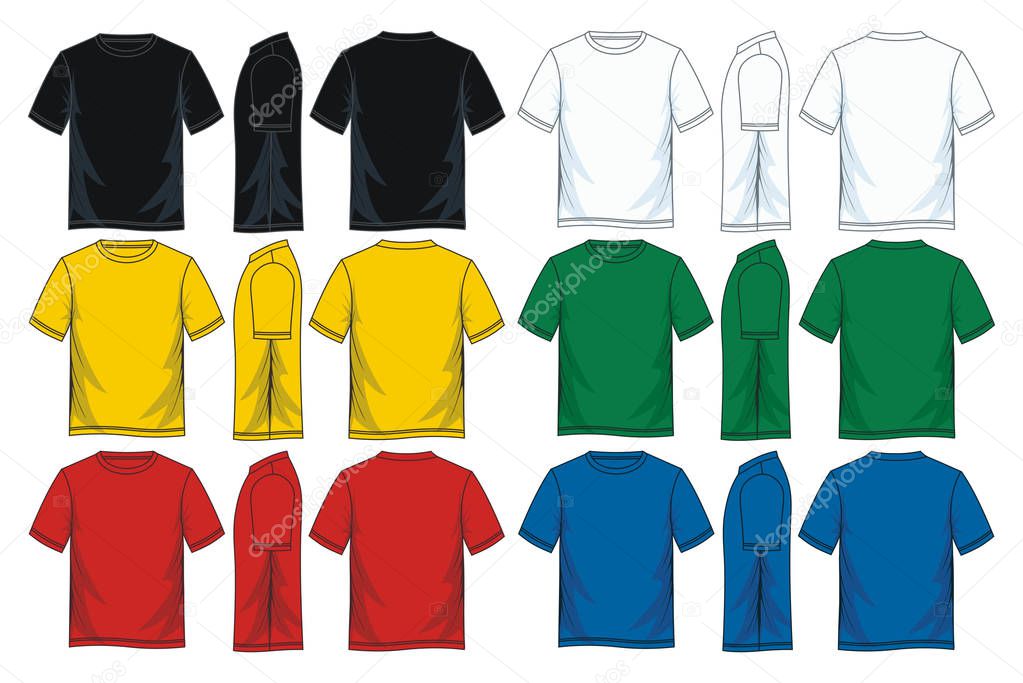 Men's short sleeve t-shirt templates, Front, side and back views. Vector illustration. Colorful variants.