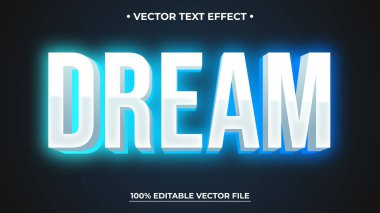Düzenlenebilir vektör grafiği DREAM sözcüğünü koyu arkaplana karşı neon mavi ve beyaz aksanlı kalın, üç boyutlu bir şekilde gösterir.
