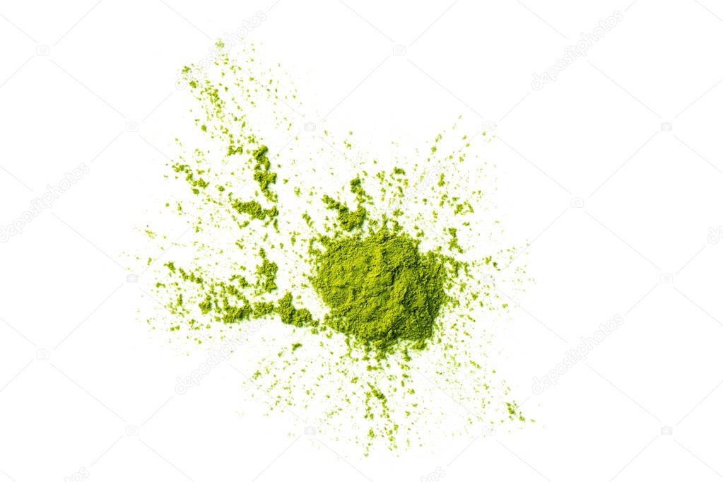 green matcha tea powder ground in erratic form isolated on white background