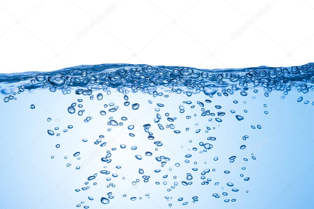 splashing water with underwater bubbles isolated on white background