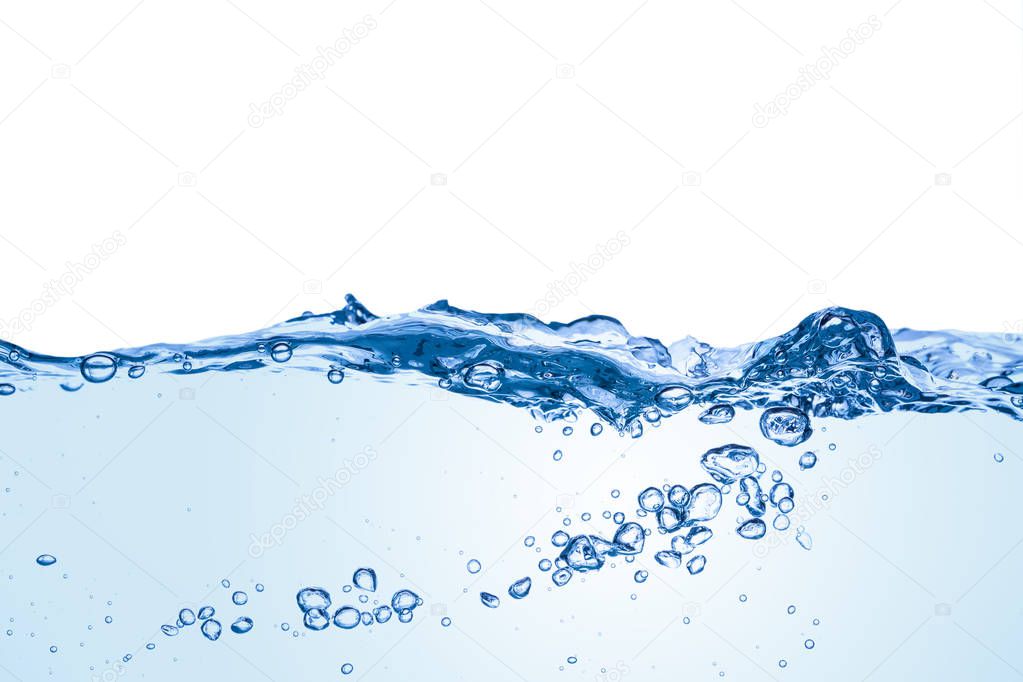 splashing water with underwater bubbles isolated on white background