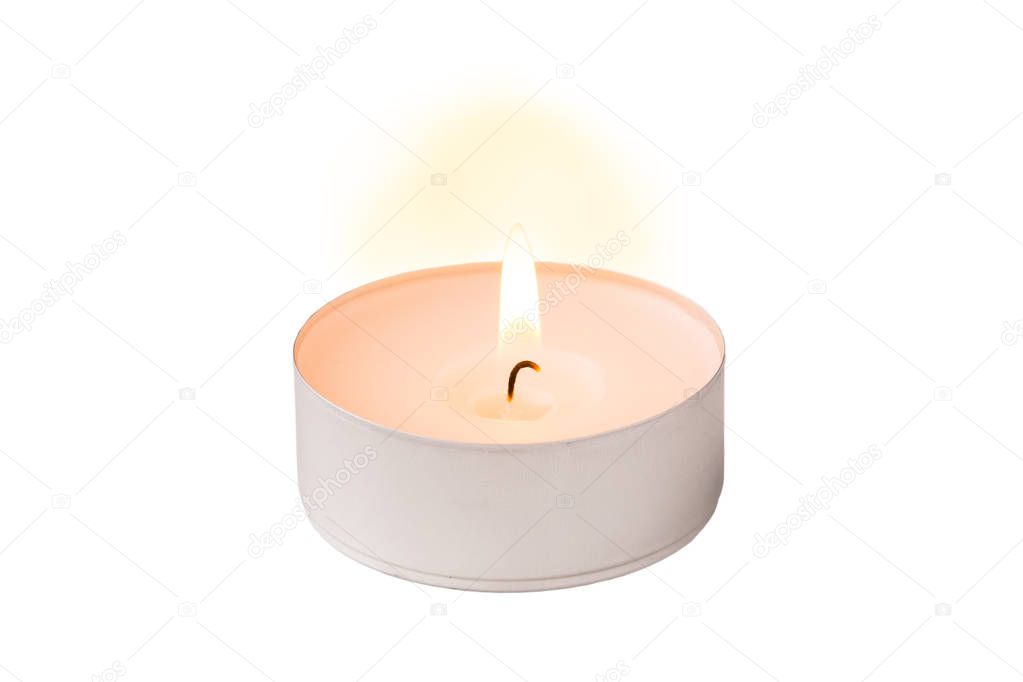 single tealight with burning wick isolated on white background