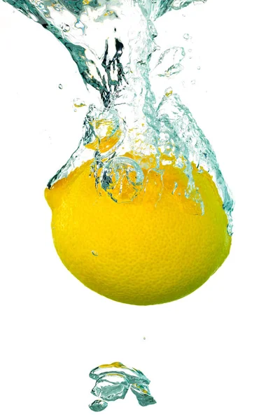 Single Lemon Splashing Water Air Bubbles — Stock Photo, Image