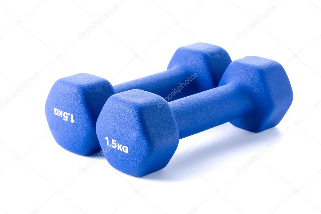 Two small blue dumbbells isolated on white background, 