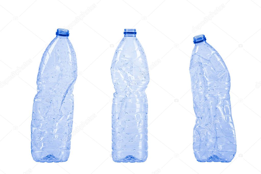 Three empty plastic waste bottles isolated on white background, clipping-path included