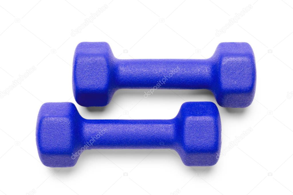 Two blue dumbbells isolated on white background, top view. Clipping-path, except the shadows, is included.
