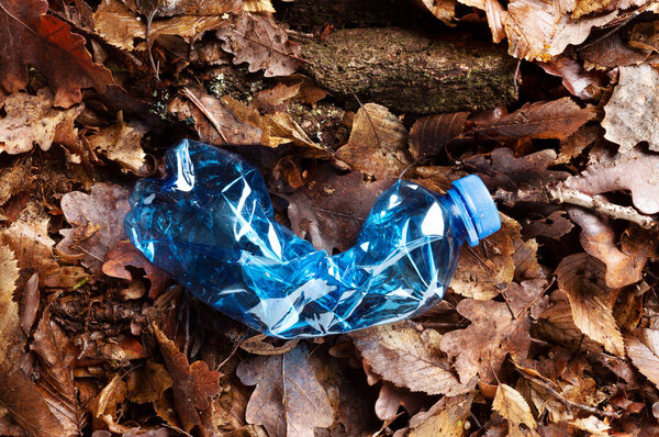 Still life of an empty used plastic bottle waste on forest floor as an environmental pollution closeup 