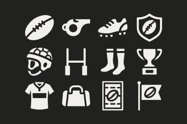 Rugby spor kıyafetleri siluet ikonu seti. Amerikan futbol ekipmanları sağlam sembol koleksiyonunu doldurdu. Top, Whistle, Helmet, Goalpost, Shoes, Trophy, Field, Bag, Uniform, Sock, Flag. Vektör illüstrasyonu