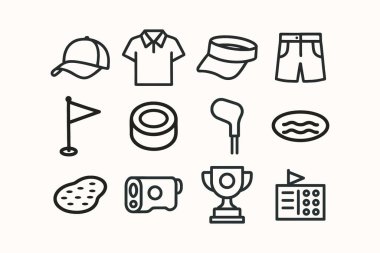 Golf kıyafetleri, teçhizat ve aksesuar taslak ikon seti. Golf sporu esasları sanat sembolü paketi. Cap, Shirt, Shorts, Visor, Club, Flag, Rangefinder, Trophy, Scoreboard, Handicap. Vektör illüstrasyonu