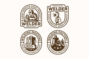 Atölye ve tamirci için vintage kaynak endüstriyel logo vektör tasarımı ayarlandı. Kaynakçı ve fabrika retro amblem element tasarım paketi. Kaynakçı, kaynak makinesi, eritme. Vektör İllüstrasyonu