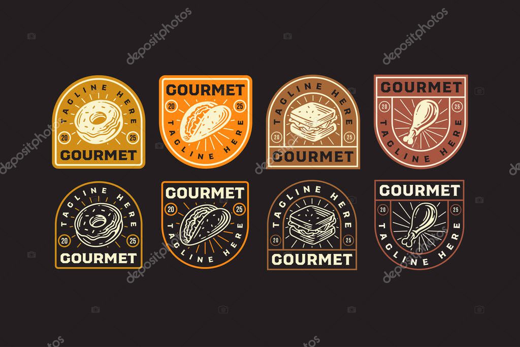 Donuts, sandwich, mexican taco, chicken drumstick, retro badge logo vector design collection set for restaurant, cafes, culinary, gourmet, fast food, snacks, menu