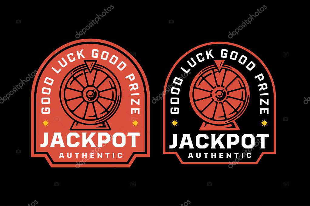 Jackpot wheel retro badge logo vector design set for casino and gambling. Lottery prize wheel vintage emblem logo graphic collections. Lucky wheel betting illustration label element designs