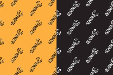 Ürün için sarı siyah arkaplanda pürüzsüz oyma desenli İngiliz anahtarı tamir araçları. Mekanik alet anahtarı çizgisi karalama motifi arka planı. Garaj ekipmanı el çizimi motifi