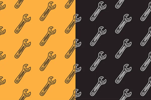 Ürün için sarı siyah arkaplanda pürüzsüz oyma desenli İngiliz anahtarı tamir araçları. Mekanik alet anahtarı çizgisi karalama motifi arka planı. Garaj ekipmanı el çizimi motifi