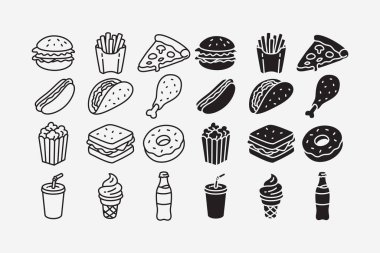 Fast food ve abur cubur ikonları sanat ve katı tarzda dizildi. Burger, Fries, Pizza, Hotdog, Taco, Tavuk budu, Patlamış Mısır, Sandviç, Donut, Soda, dondurma, Şişe içeceği. Vektör İllüstrasyonu