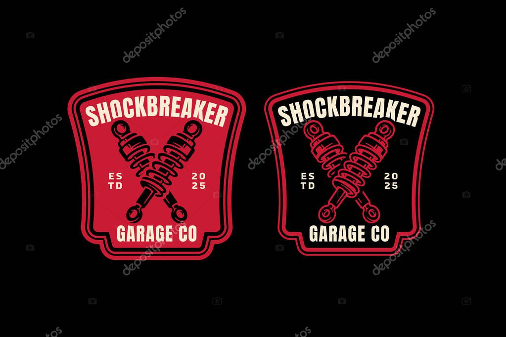 Shockbreaker crossed retro badge logo vector design set for automotive garage. Vintage shock absorber emblem logo graphic for car component. Shockbreaker suspension illustration label element designs